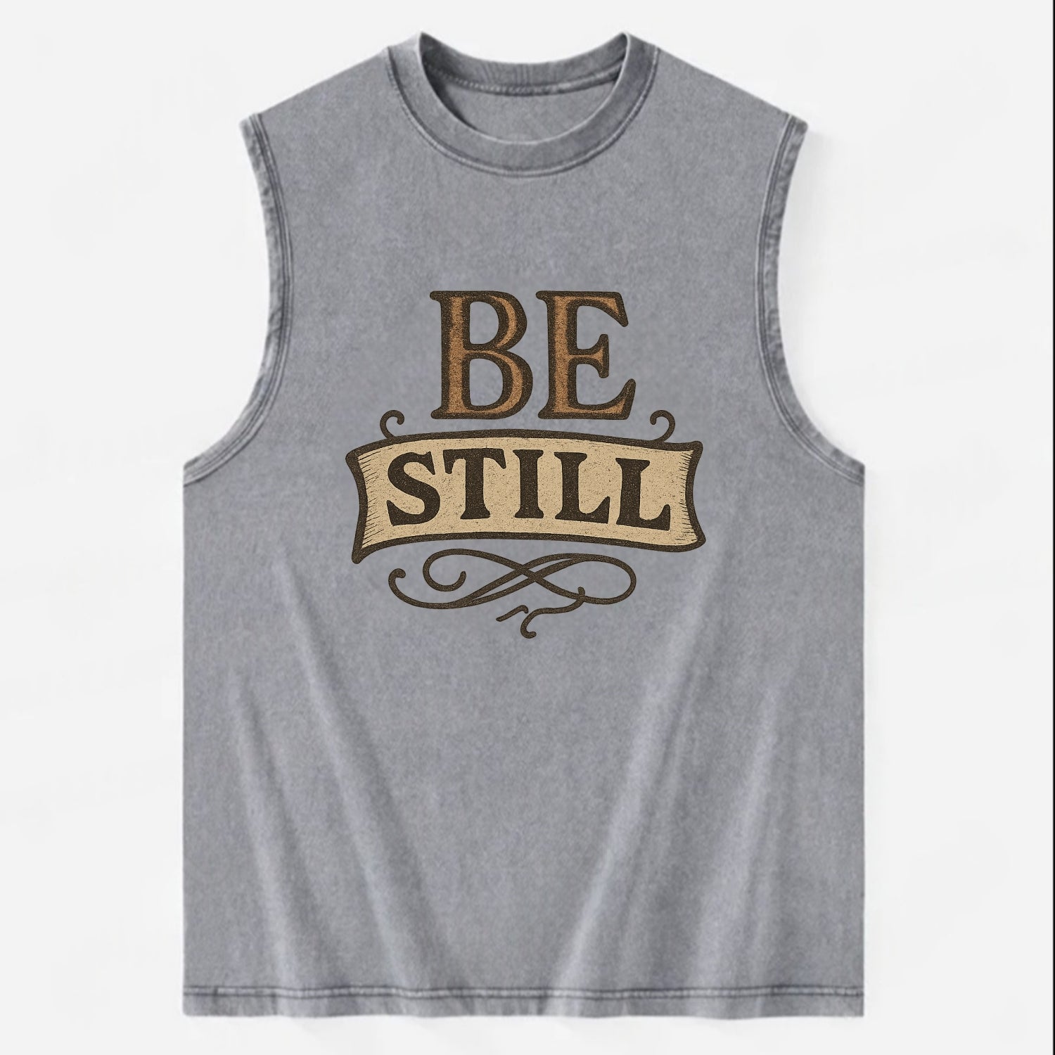 Bold typography design - "BE STILL" - quiet mind, meditation, inner peace - Vintage Washed Tank - Grey