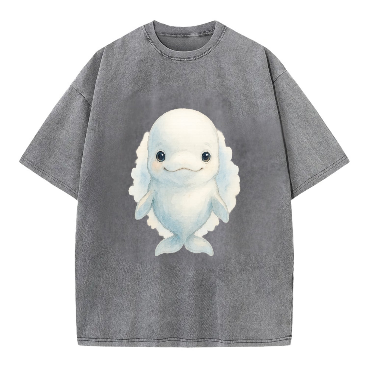 Baby Beluga Whale - pure white, rounded forehead, small eyes with big - Vintage T-shirt - Grey