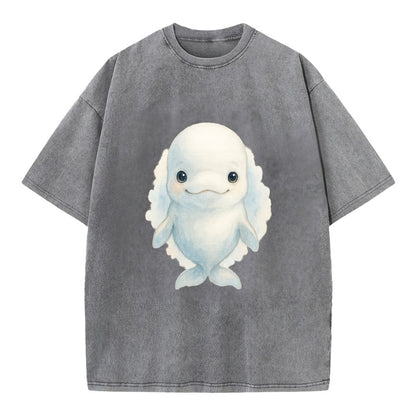 Baby Beluga Whale - pure white, rounded forehead, small eyes with big - Vintage T-shirt - Grey