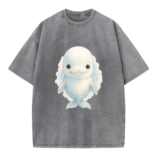 Baby Beluga Whale - pure white, rounded forehead, small eyes with big - Vintage T-shirt - Grey