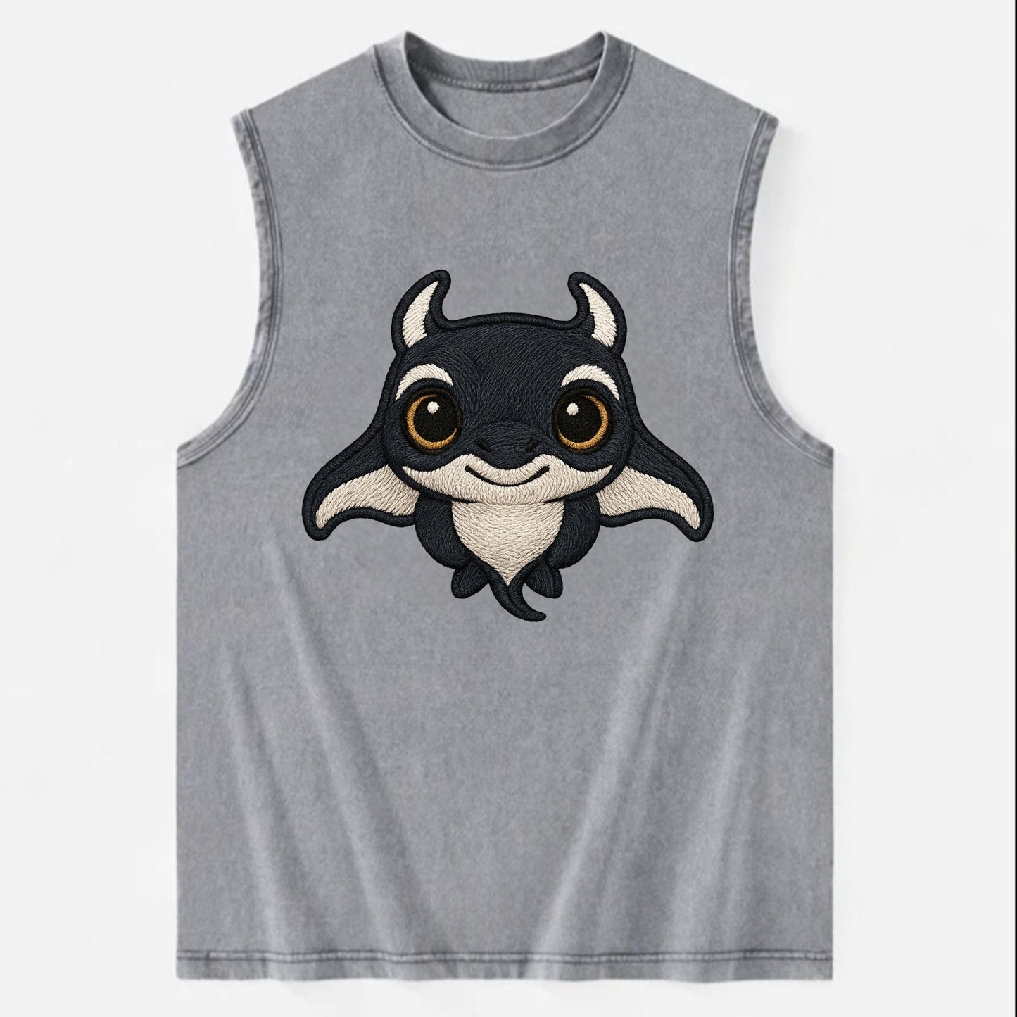 Baby Manta Ray - dark with white markings, cephalic fins, gentle eyes, - Vintage Washed Tank - Grey