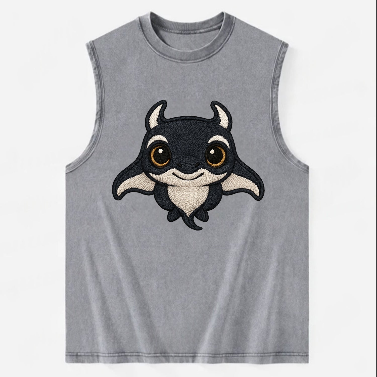 Baby Manta Ray - dark with white markings, cephalic fins, gentle eyes, - Vintage Washed Tank - Grey