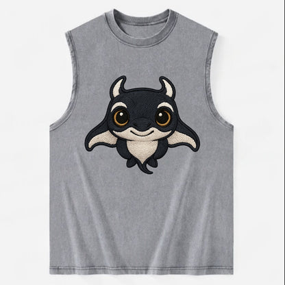 Baby Manta Ray - dark with white markings, cephalic fins, gentle eyes, - Vintage Washed Tank - Grey