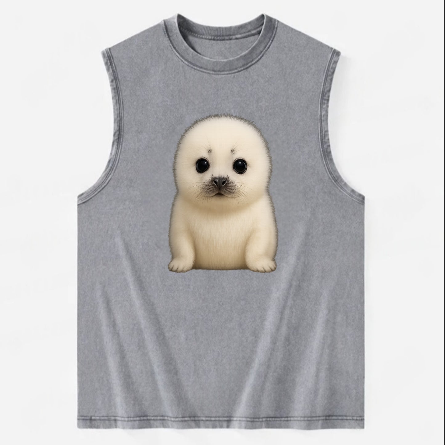 Baby Harp Seal - pure white fluffy fur, enormous dark eyes, front-facing, - Vintage Washed Tank - Grey