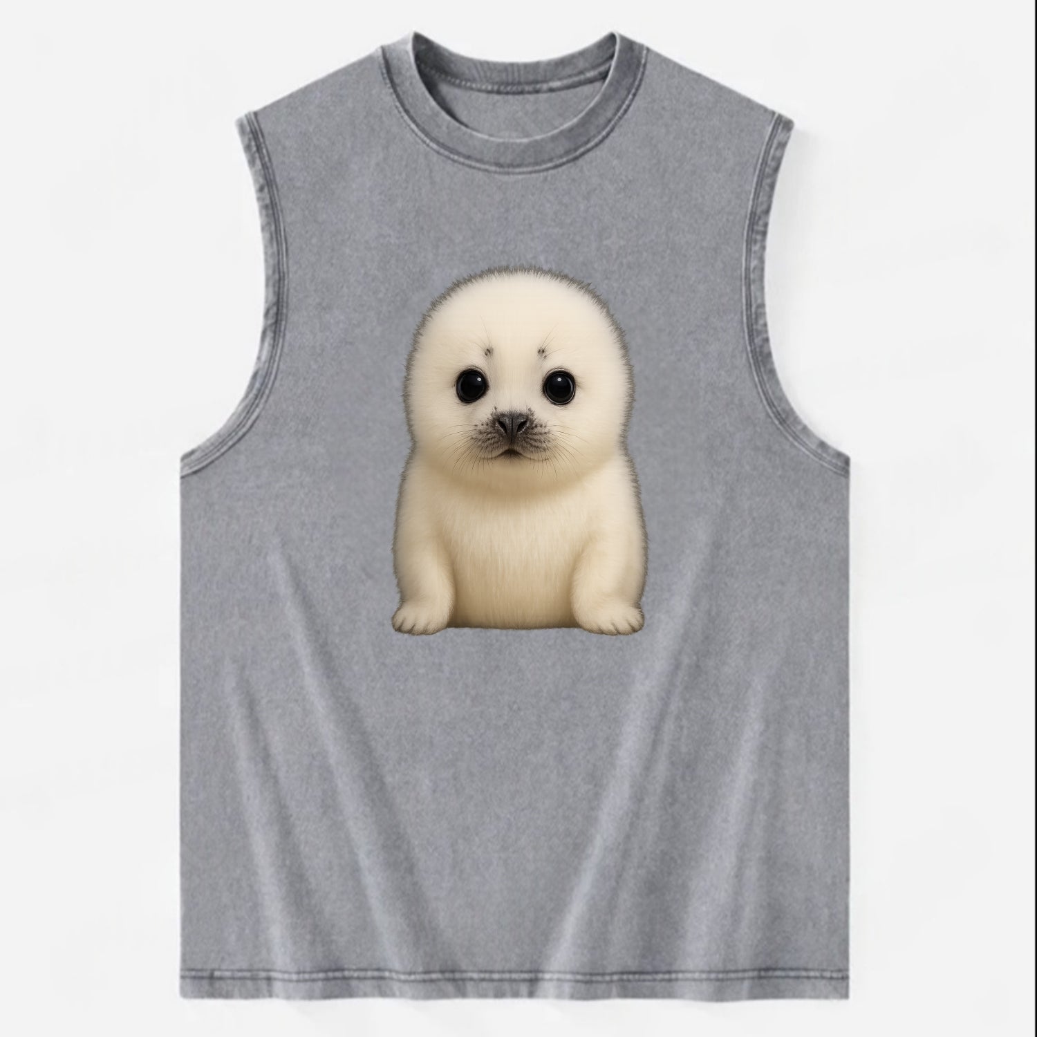 Baby Harp Seal - pure white fluffy fur, enormous dark eyes, front-facing, - Vintage Washed Tank - Grey