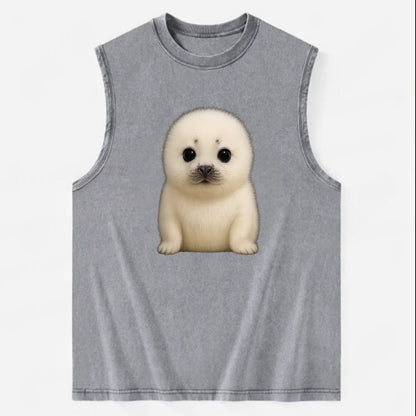 Baby Harp Seal - pure white fluffy fur, enormous dark eyes, front-facing, - Vintage Washed Tank - Grey