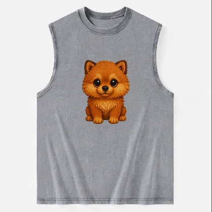 Baby Pomeranian Puppy - fluffy orange ball, fox face, tiny body, bright eyes, - Vintage Washed Tank - Grey