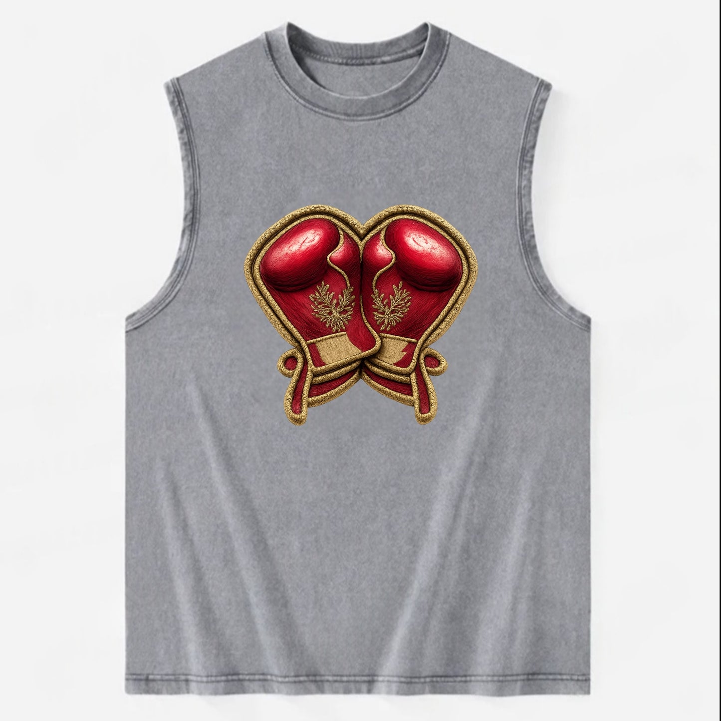 Embroidered patch design - BOXING GLOVES - red boxing gloves crossed in - Vintage Washed Tank - Grey