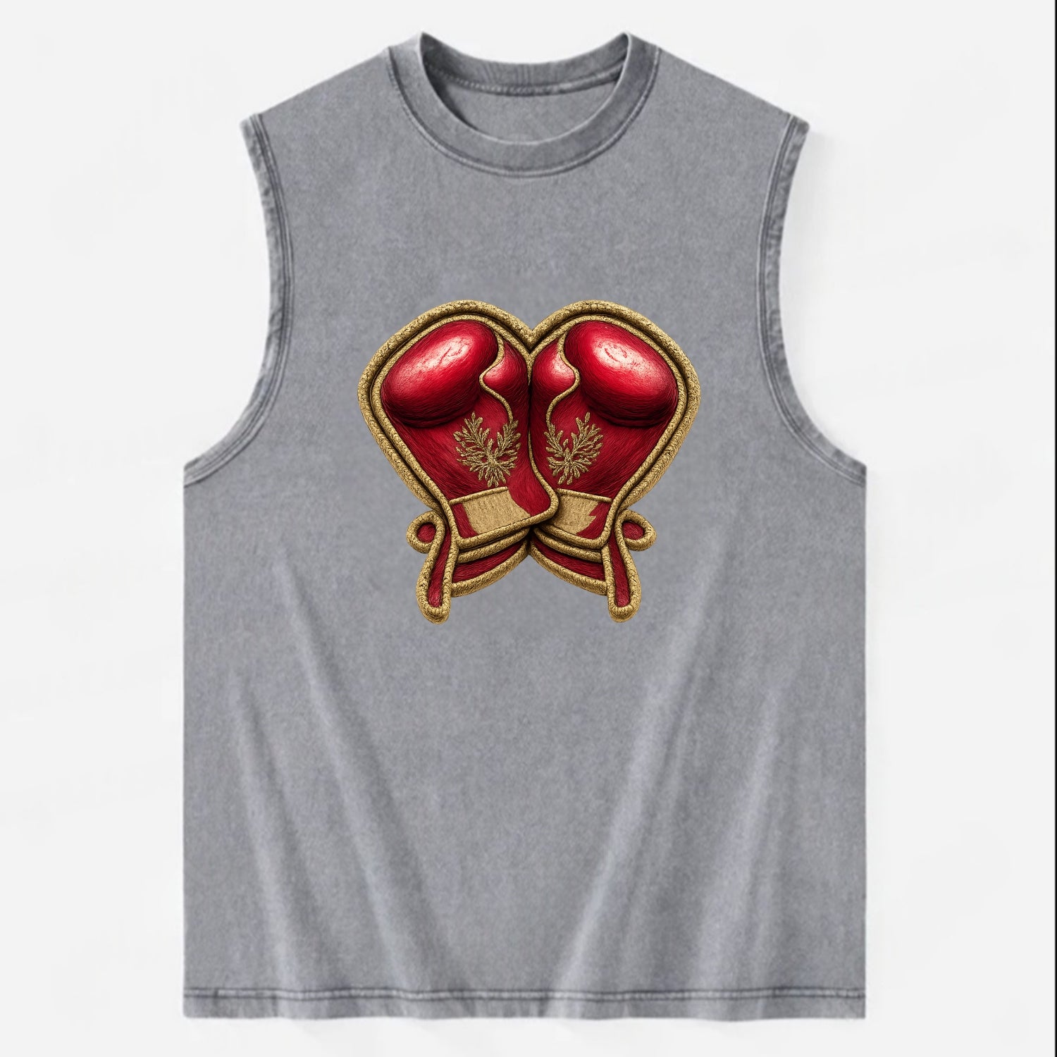 Embroidered patch design - BOXING GLOVES - red boxing gloves crossed in - Vintage Washed Tank - Grey