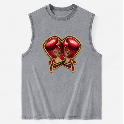 Embroidered patch design - BOXING GLOVES - red boxing gloves crossed in - Vintage Washed Tank - Grey