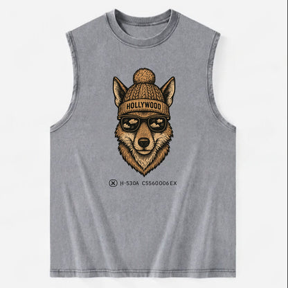 LA Coyote wearing Hollywood beanie with pom pom and wayfarer sunglasses - Vintage Washed Tank - Grey