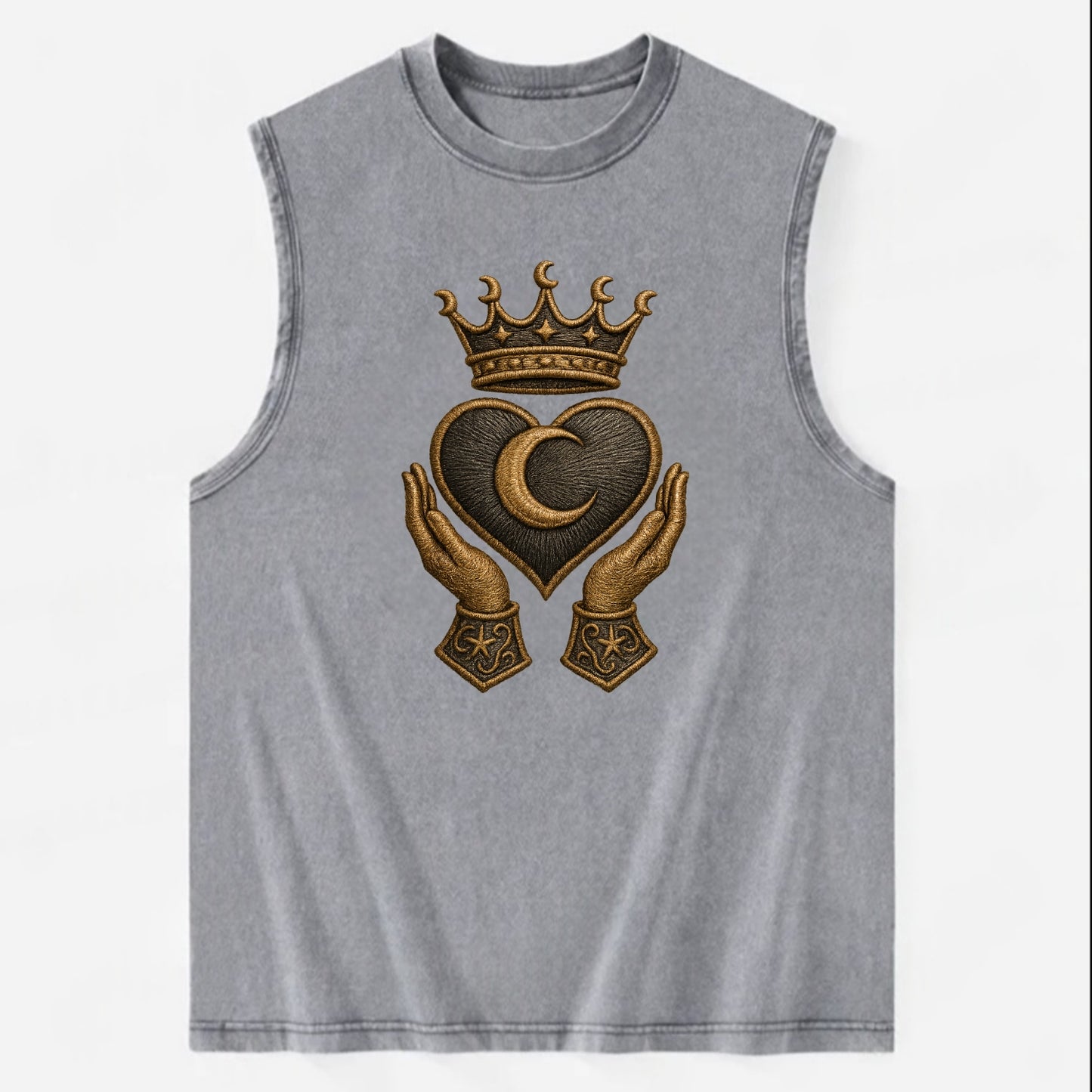 Moonlit crescent crown cradling a hematite heart with stargazer hands cupped - Vintage Washed Tank - Grey