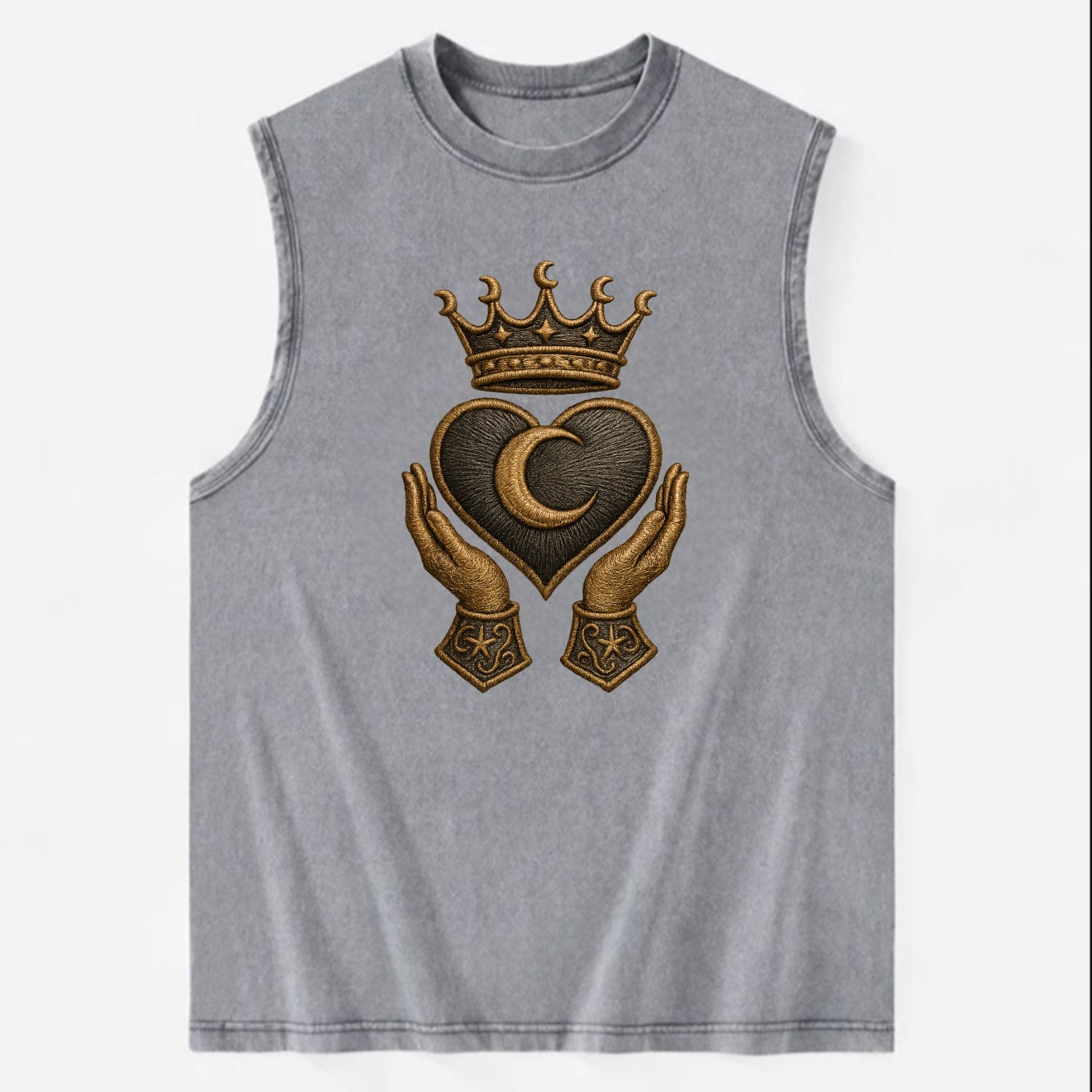 Moonlit crescent crown cradling a hematite heart with stargazer hands cupped - Vintage Washed Tank - Grey