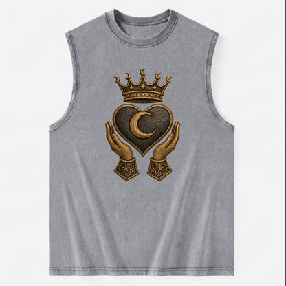 Moonlit crescent crown cradling a hematite heart with stargazer hands cupped - Vintage Washed Tank - Grey