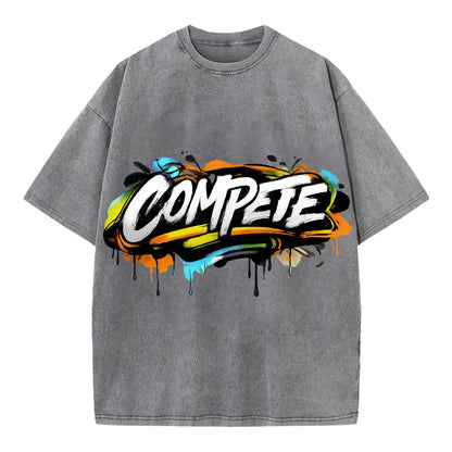 Bold typography design - "COMPETE" - competitive spirit, love the game - Vintage T-shirt - Grey