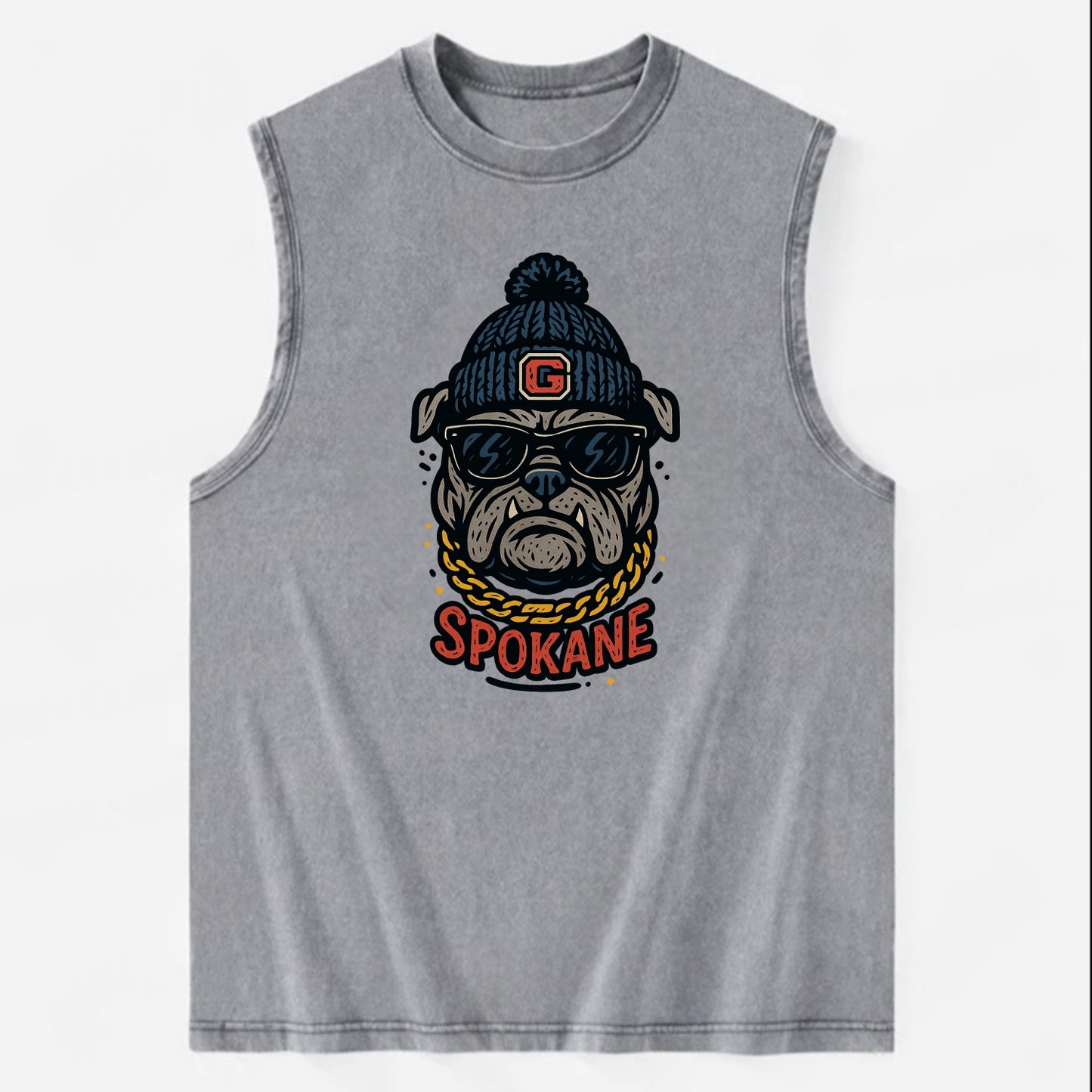 Spokane Bulldog wearing Gonzaga beanie with G patch - Vintage Washed Tank - Grey