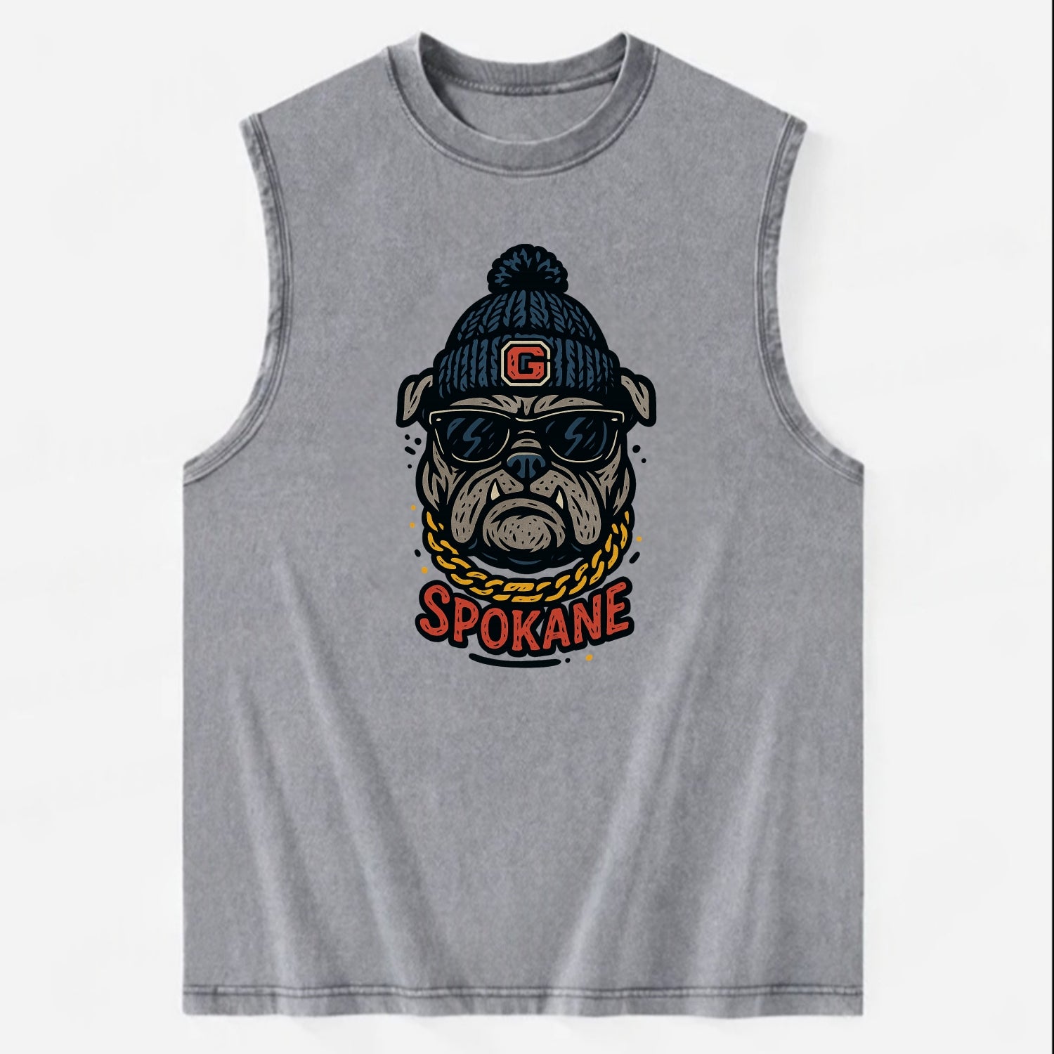 Spokane Bulldog wearing Gonzaga beanie with G patch - Vintage Washed Tank - Grey
