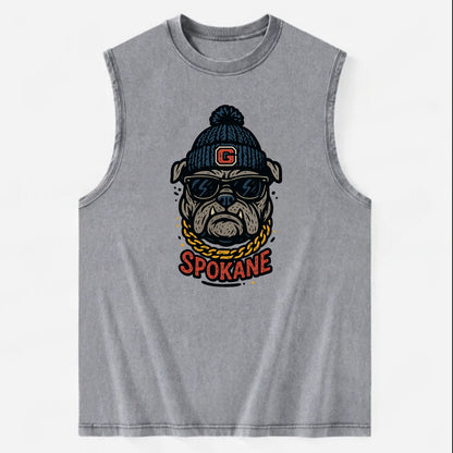 Spokane Bulldog wearing Gonzaga beanie with G patch - Vintage Washed Tank - Grey