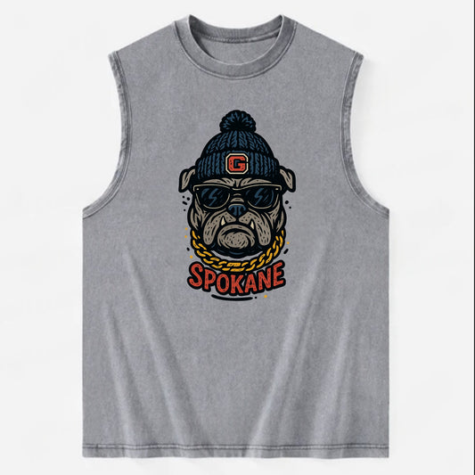Spokane Bulldog wearing Gonzaga beanie with G patch - Vintage Washed Tank - Grey