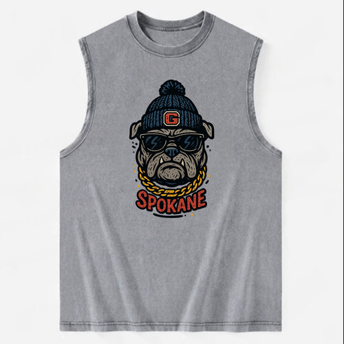 Spokane Bulldog wearing Gonzaga beanie with G patch - Vintage Washed Tank