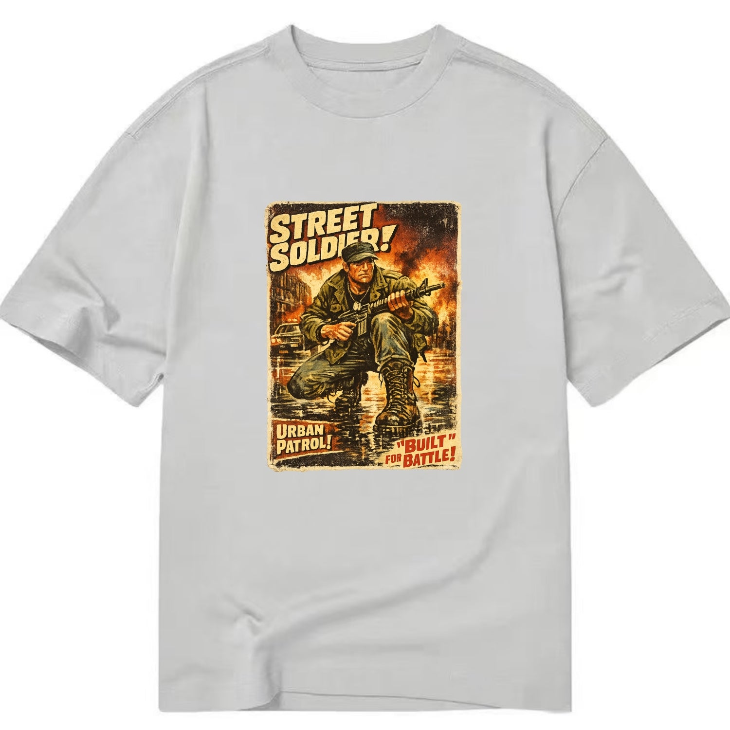 COMBAT READY | Military boots on wet pavement | Street soldier | Urban patrol | - Classic T-shirt - Grey