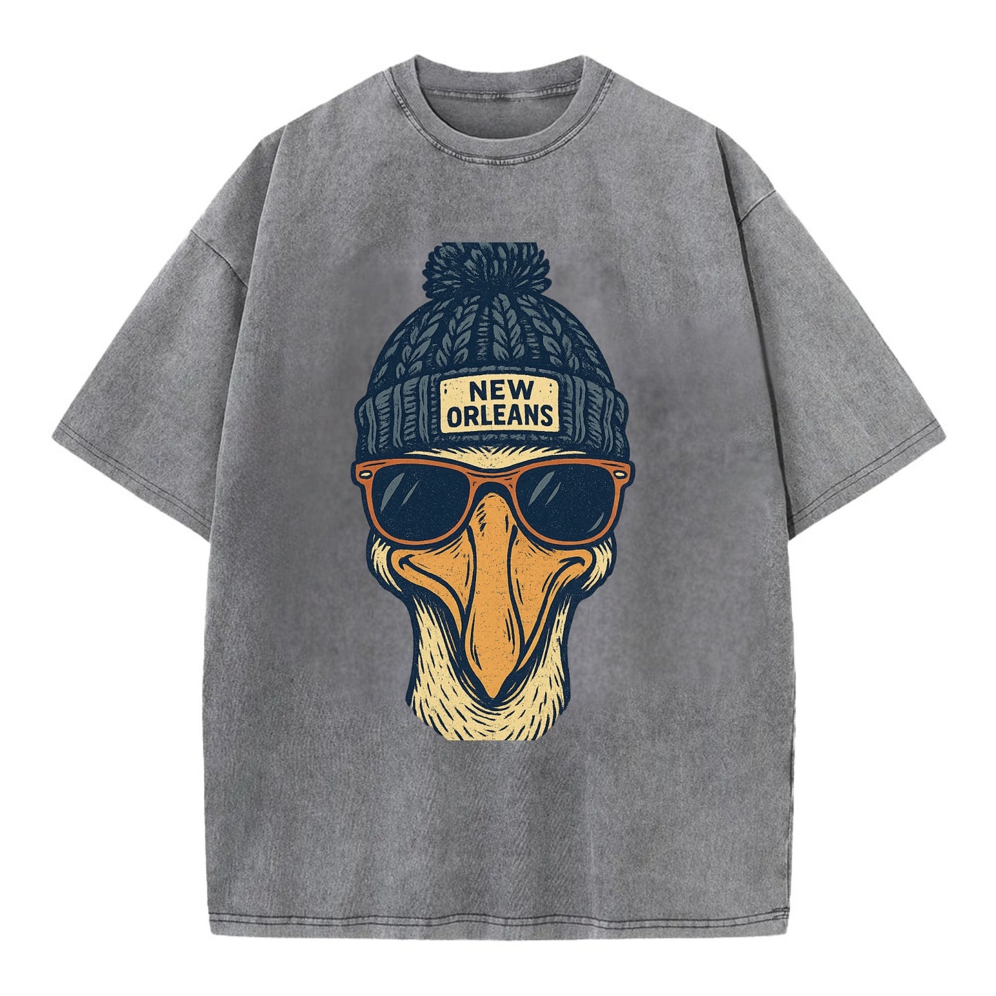 New Orleans Pelican wearing New Orleans beanie with pom pom and wayfarer - Vintage T-shirt - Grey