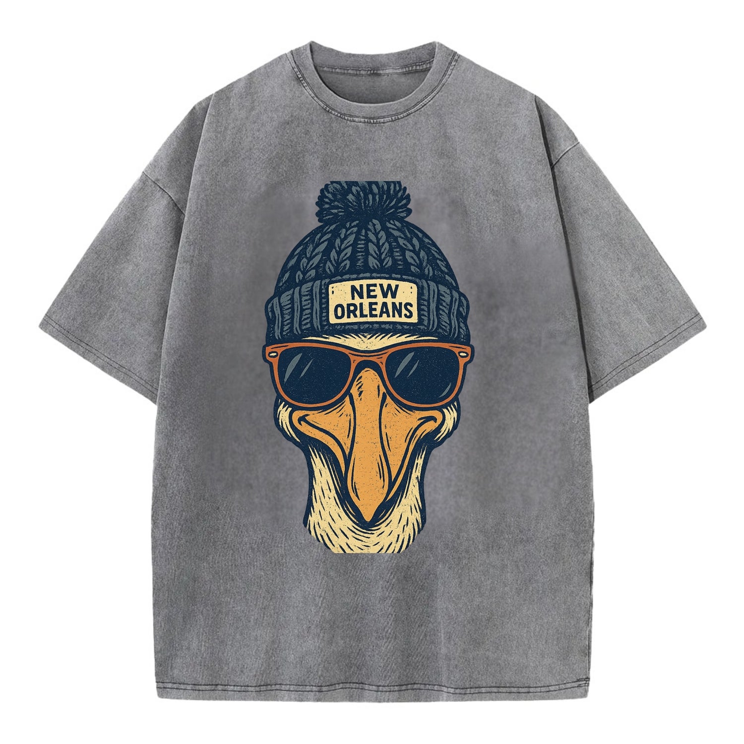 New Orleans Pelican wearing New Orleans beanie with pom pom and wayfarer - Vintage T-shirt - Grey