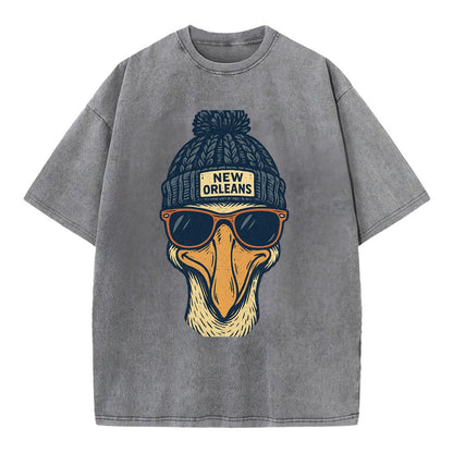 New Orleans Pelican wearing New Orleans beanie with pom pom and wayfarer - Vintage T-shirt - Grey