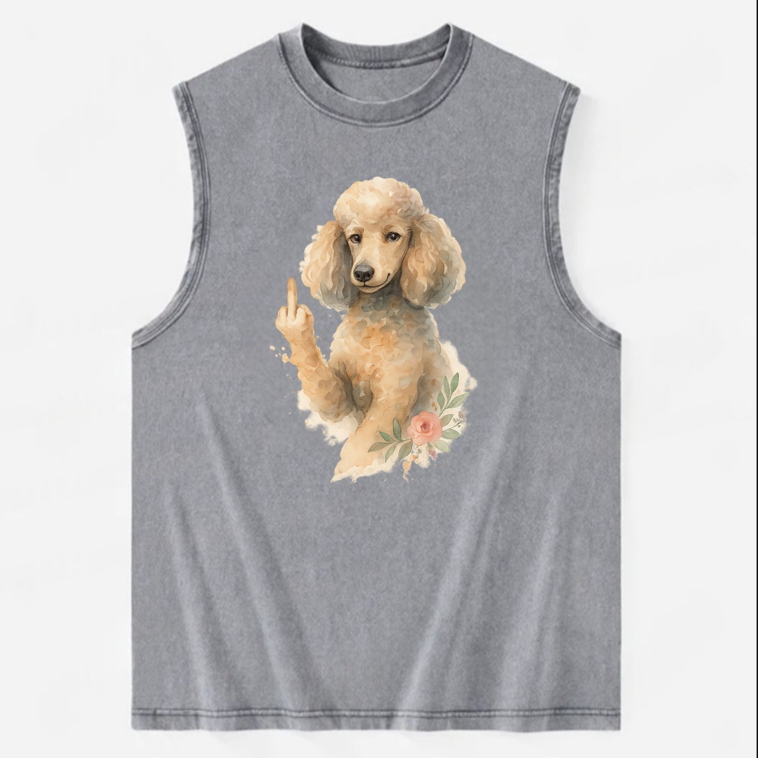 Standard Poodle with curly styled coat, intelligent face, fancy paw giving - Vintage Washed Tank - Grey