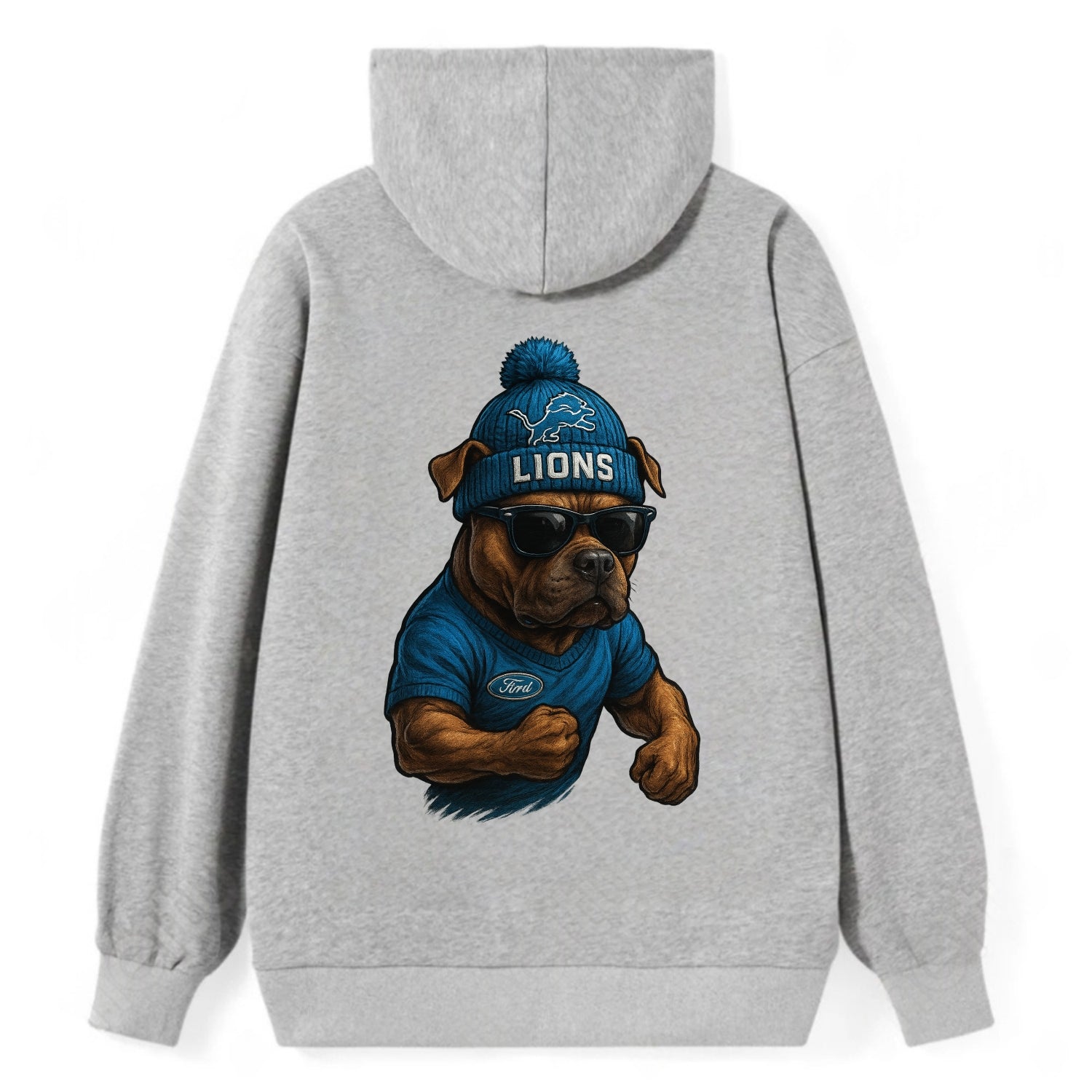 Detroit Pitbull wearing Lions beanie with auto patch and wayfarer - Classic Pullover Hoodie - Grey