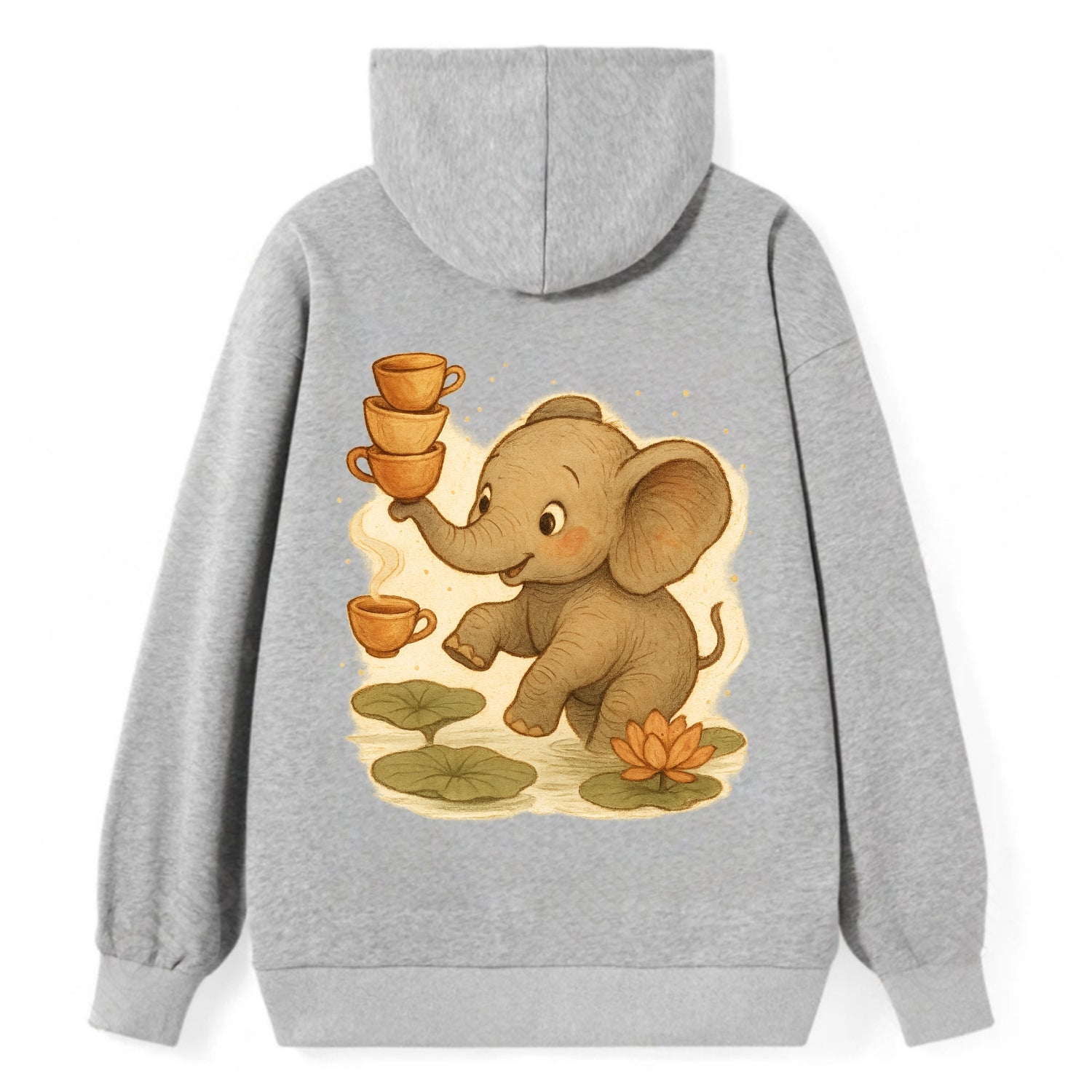 Elephant balancing teacups during a floating tea ceremony beside lotus - Classic Pullover Hoodie - Grey