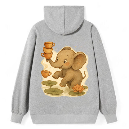 Elephant balancing teacups during a floating tea ceremony beside lotus - Classic Pullover Hoodie - Grey