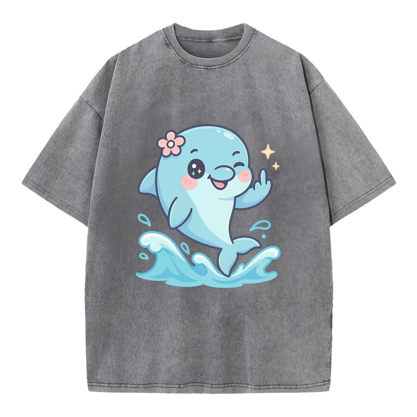 smiling dolphin jumping through ocean waves, one fin up with attitude - Vintage T-shirt - Grey