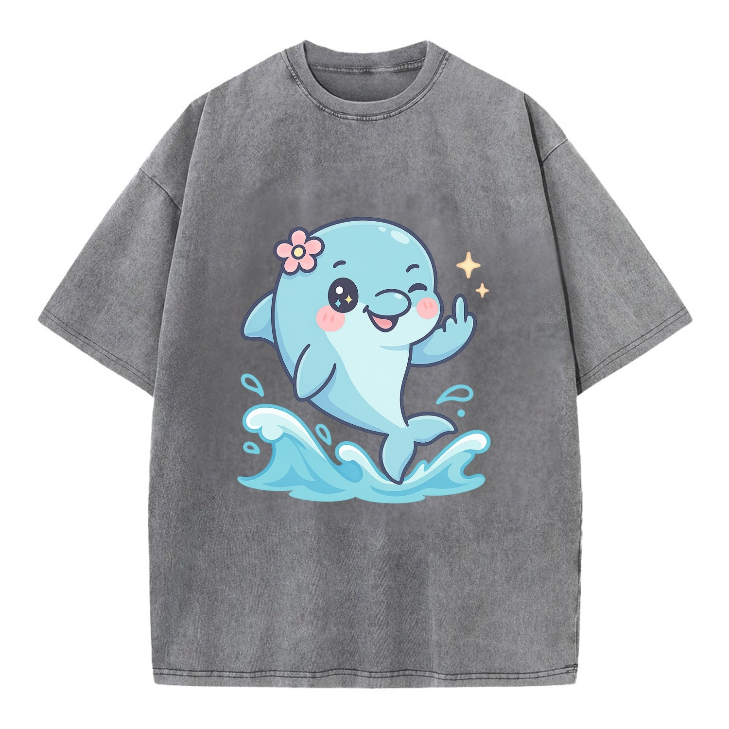 smiling dolphin jumping through ocean waves, one fin up with attitude - Vintage T-shirt - Grey
