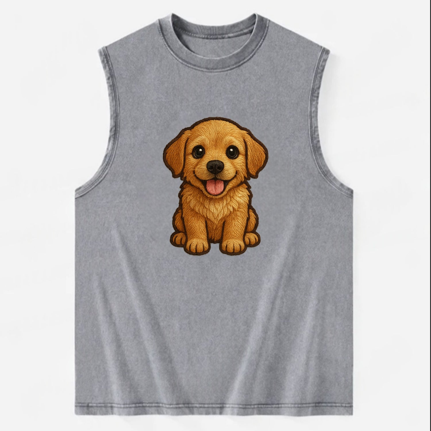 Baby Golden Retriever Puppy - fluffy golden fur, big brown eyes, pink tongue, - Vintage Washed Tank - Grey