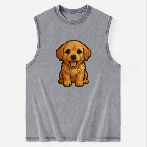 Baby Golden Retriever Puppy - fluffy golden fur, big brown eyes, pink tongue, - Vintage Washed Tank