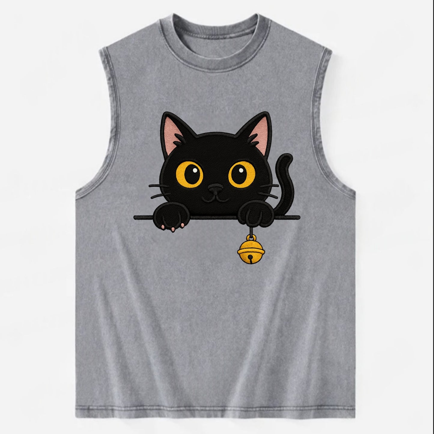 Midnight the black cat leaning sideways with chin resting on left paw. - Vintage Washed Tank - Grey