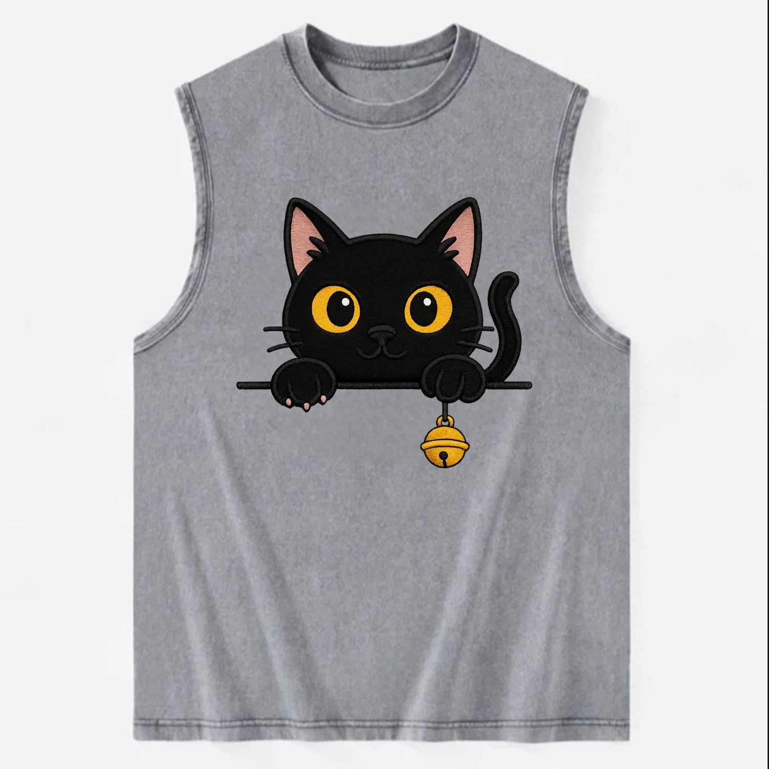 Midnight the black cat leaning sideways with chin resting on left paw. - Vintage Washed Tank - Grey