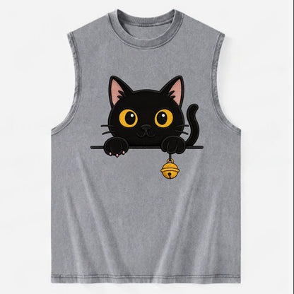 Midnight the black cat leaning sideways with chin resting on left paw. - Vintage Washed Tank - Grey