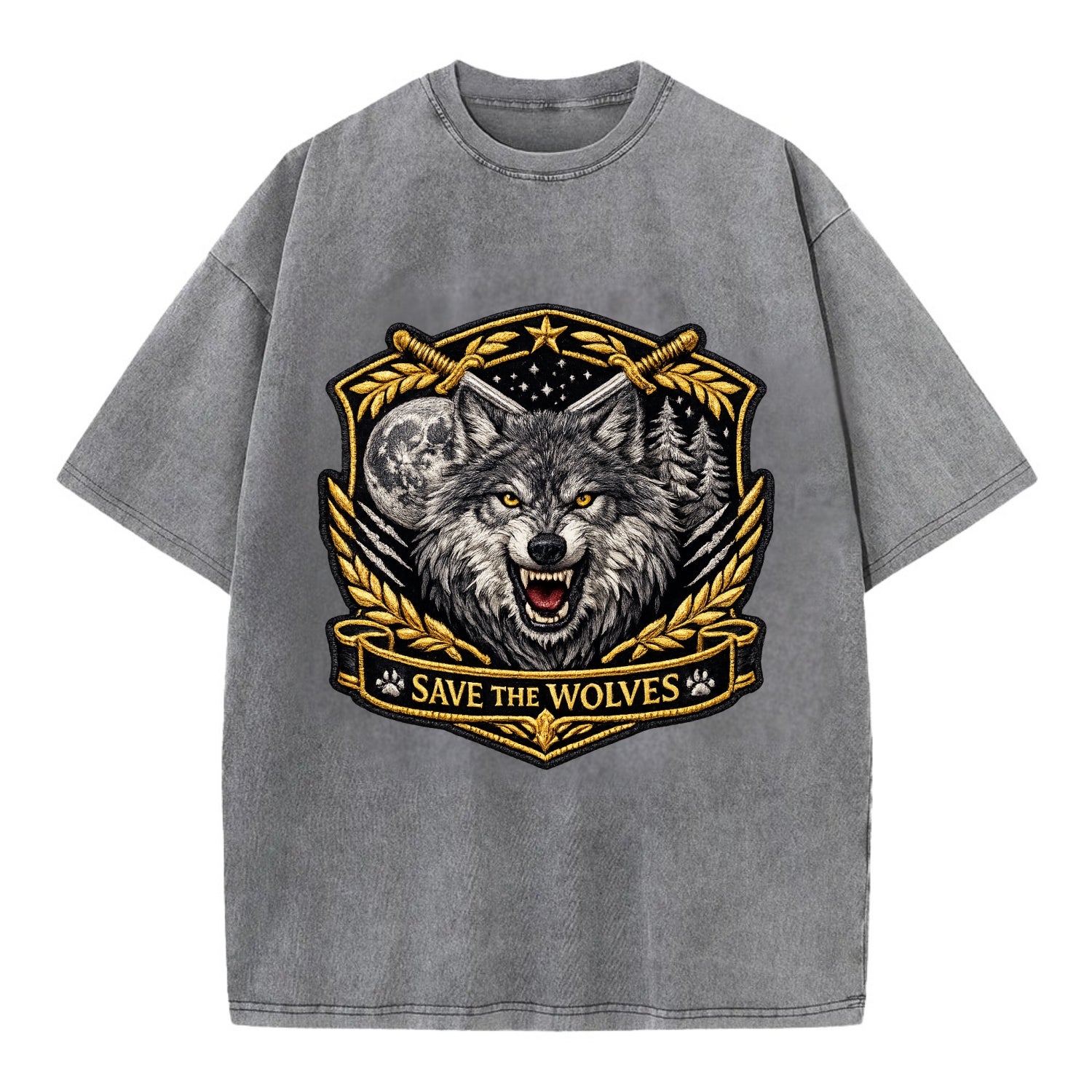 SAVE THE WOLVES - wolf moon in gray , predator protection - Vintage T-shirt - Grey