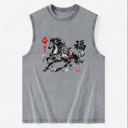 PROSPERITY HORSE | Horse carrying gold ingots and coins | Chinese knot - Vintage Washed Tank - Grey