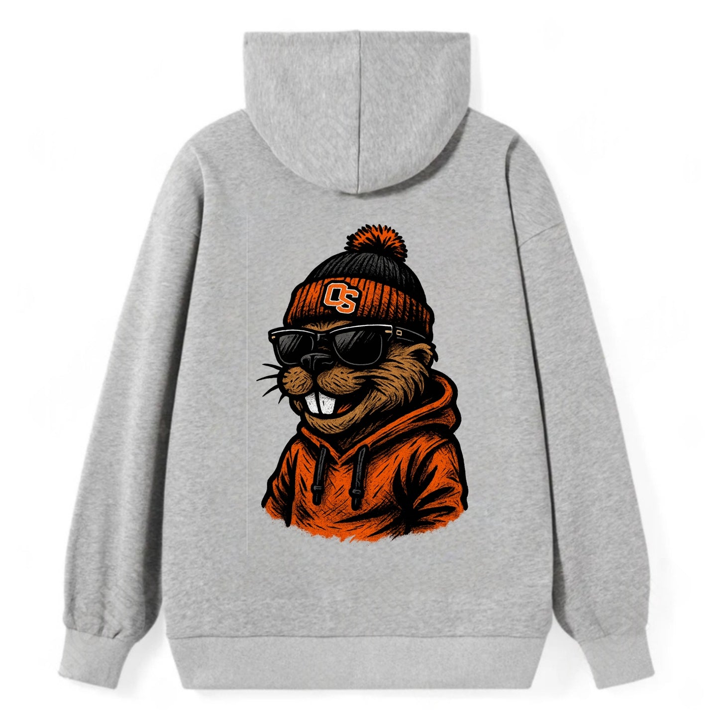 Corvallis Beaver wearing Oregon State beanie with OS patch - Classic Pullover Hoodie - Grey