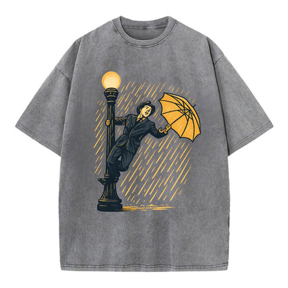 joyful dancing on lamppost in heavy rain with big smile - Vintage T-shirt - Grey