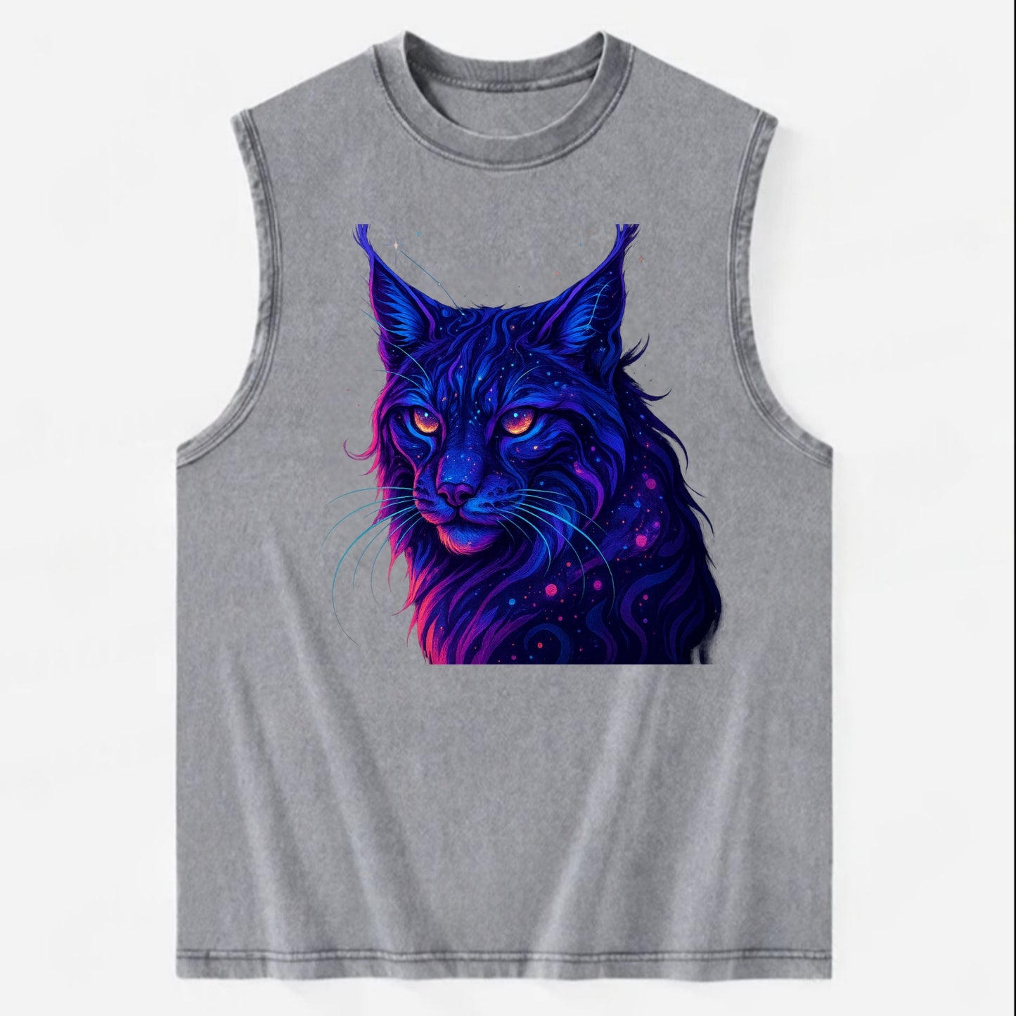 Stealthy lynx with ear tufts forming constellation patterns, nebula spots - Vintage Washed Tank - Grey
