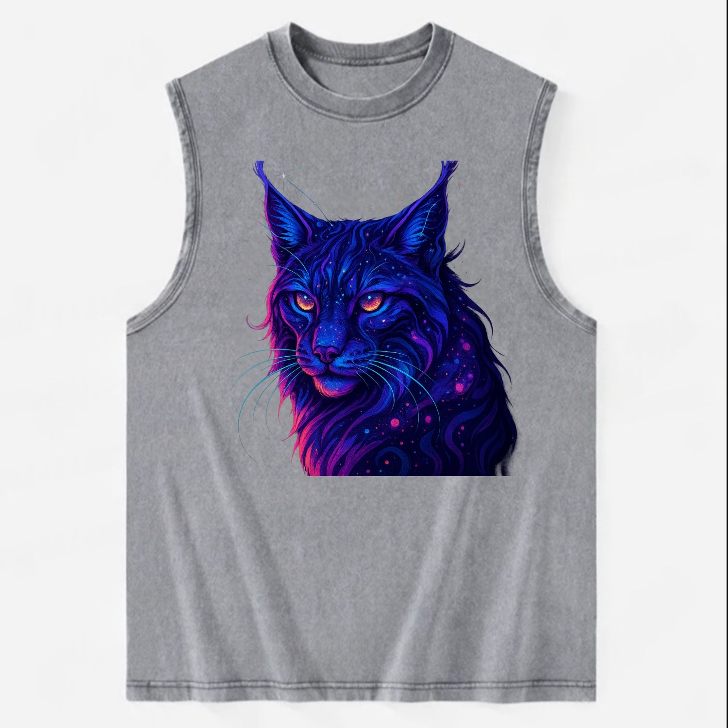 Stealthy lynx with ear tufts forming constellation patterns, nebula spots - Vintage Washed Tank - Grey