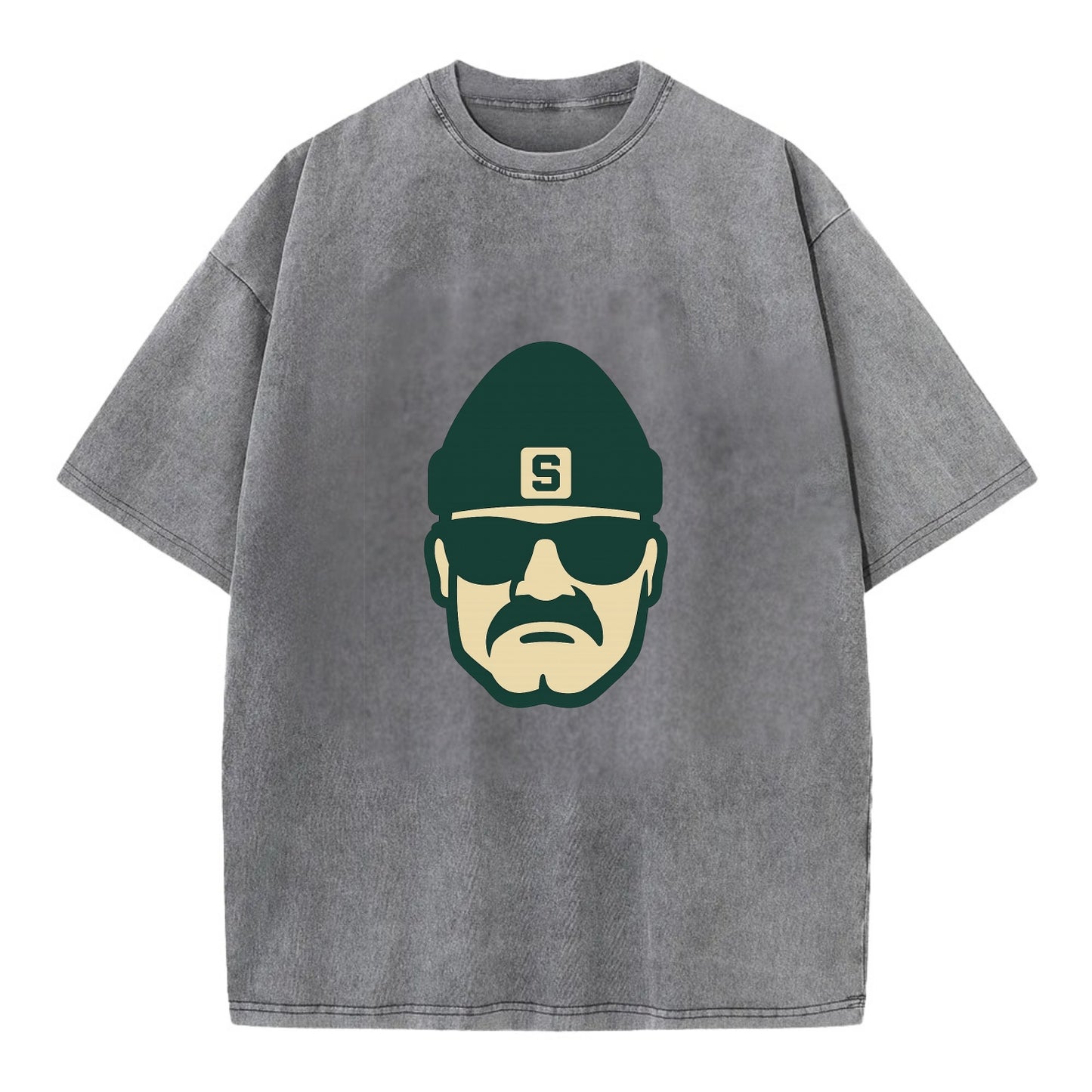 East Lansing Spartan wearing Michigan State beanie with S patch - Vintage T-shirt - Grey