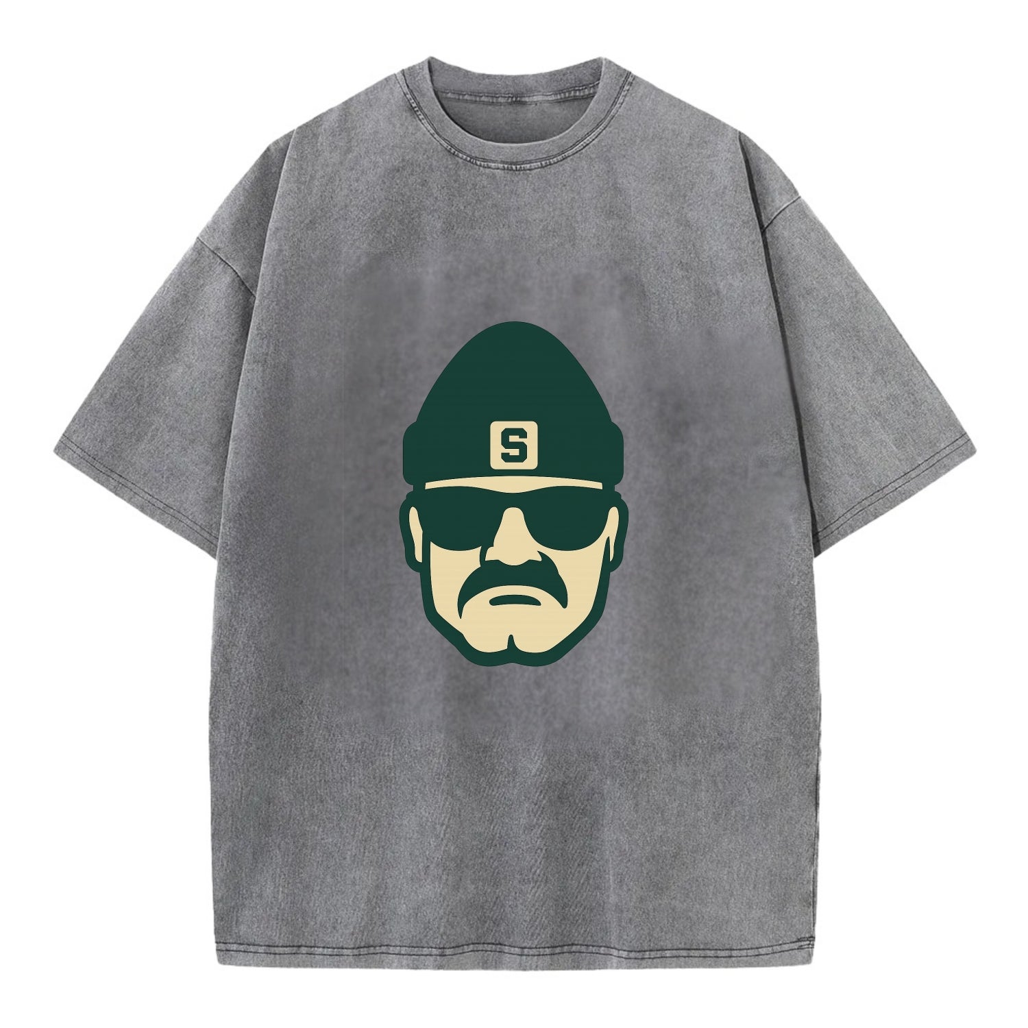 East Lansing Spartan wearing Michigan State beanie with S patch - Vintage T-shirt - Grey