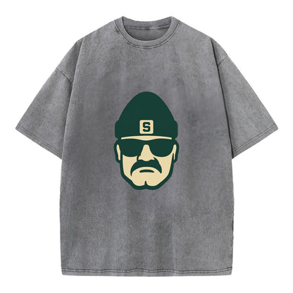 East Lansing Spartan wearing Michigan State beanie with S patch - Vintage T-shirt - Grey