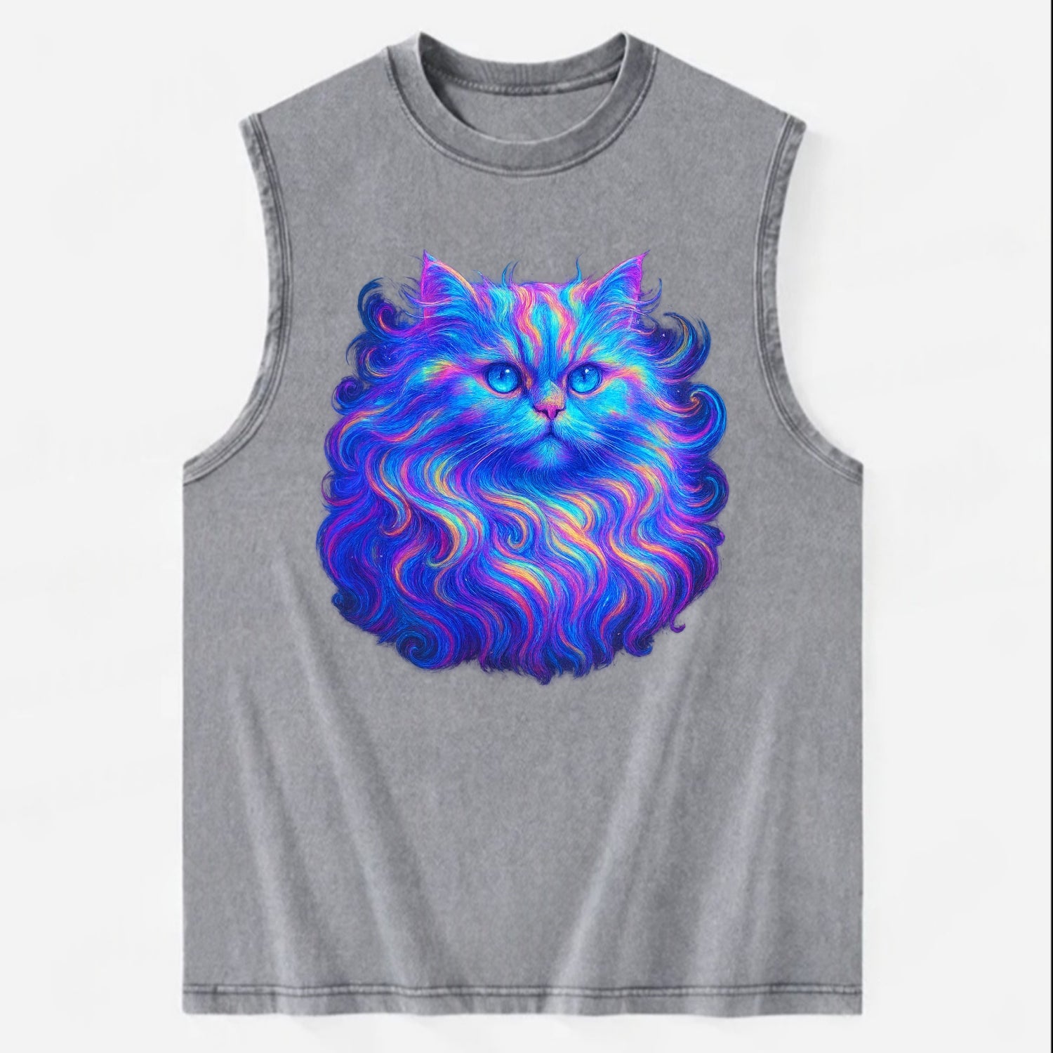Luxurious Persian cat with flowing fur that refracts into rainbow prisms, - Vintage Washed Tank - Grey