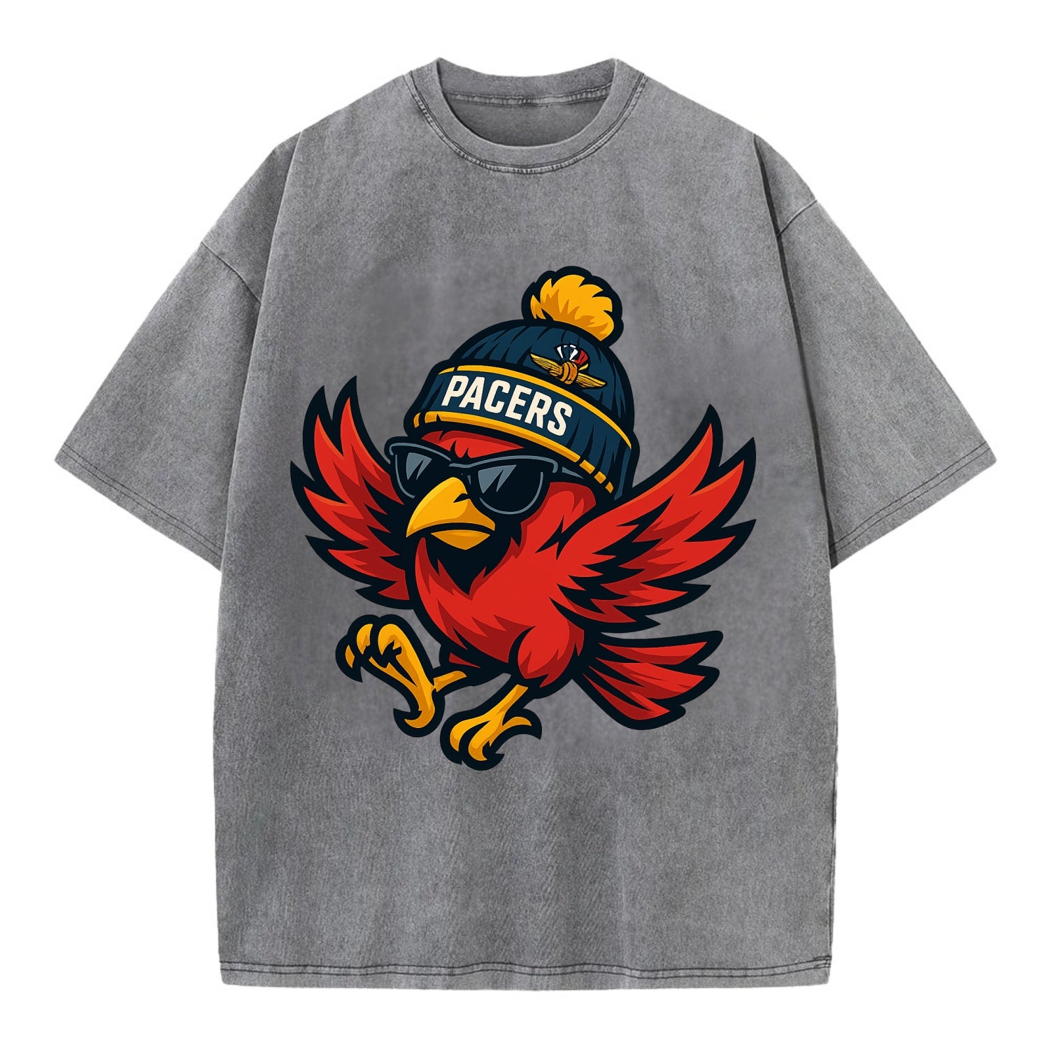 Indiana Cardinal wearing Pacers beanie with speedway patch and wayfarer sunglasses - Vintage T-shirt - Grey